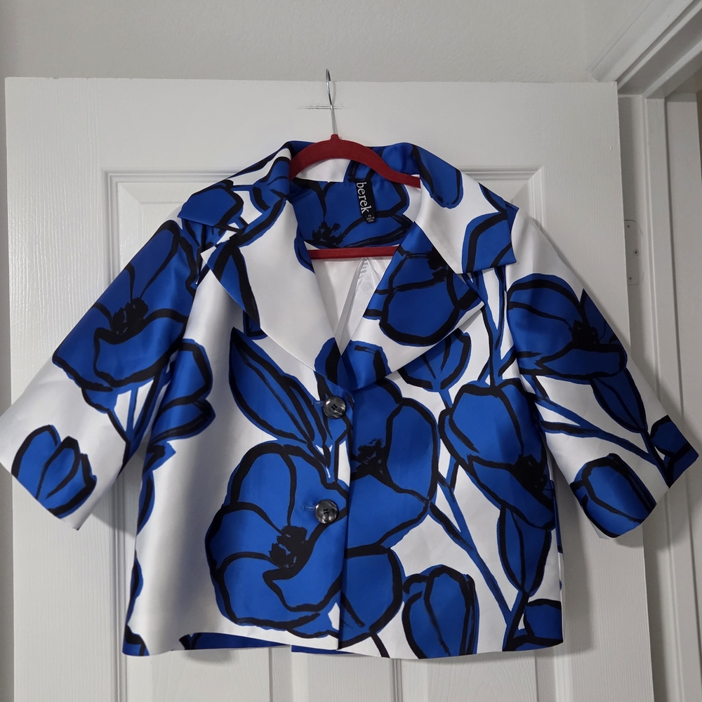 Berek Blue and Black Floral Accent Cop Jacket With Bold Art To Wear Design. PS